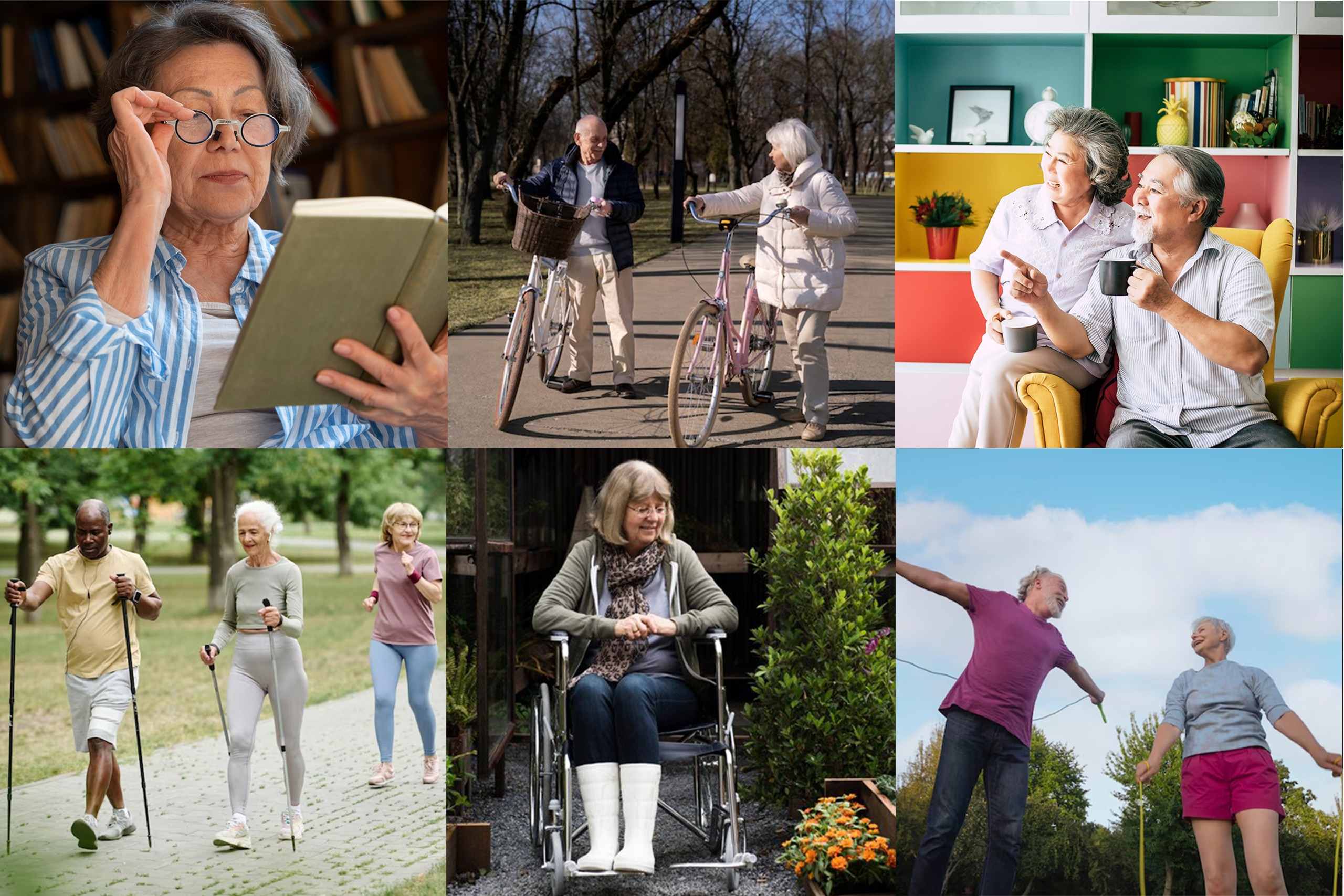 A collage featuring diverse individuals in wheelchairs, walking, and reading, showcasing various abilities and activities.